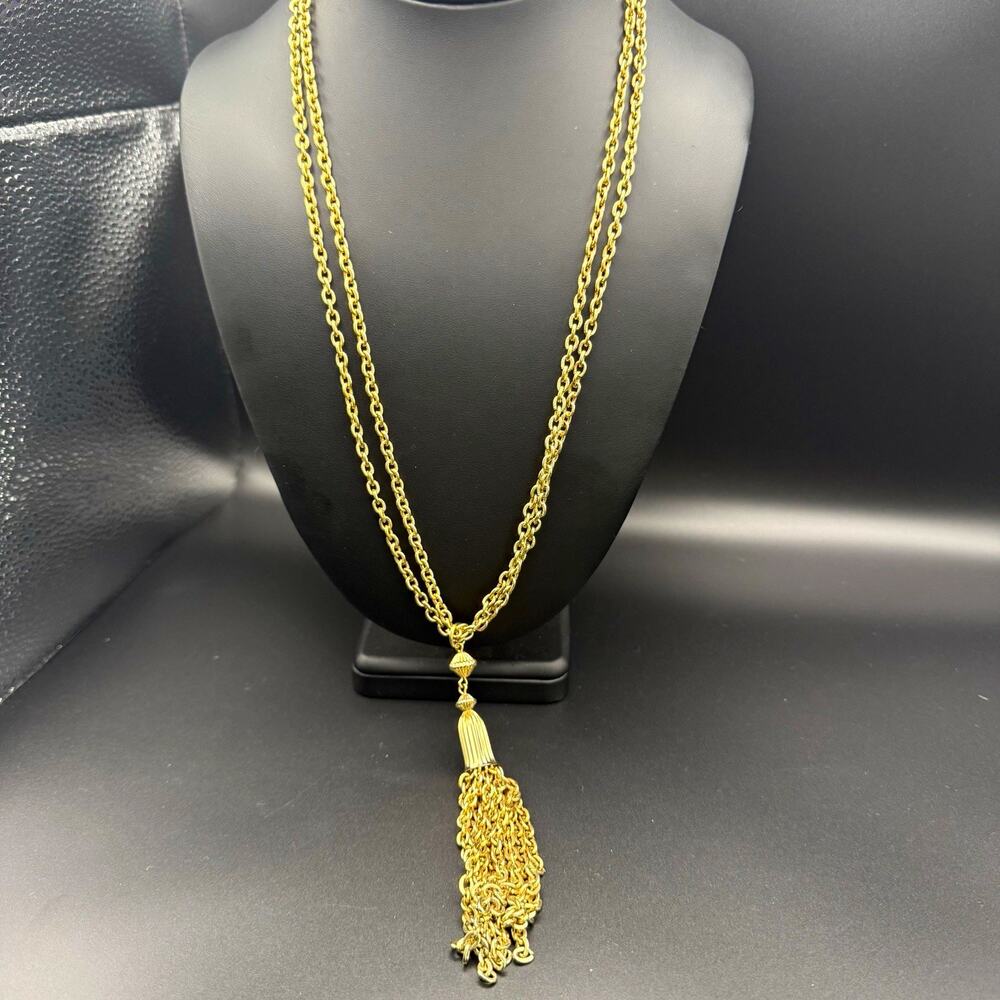 Vintage Heavy Gold Tone Multi Strand Tassel Pendant Necklace Flapper Runway 24”